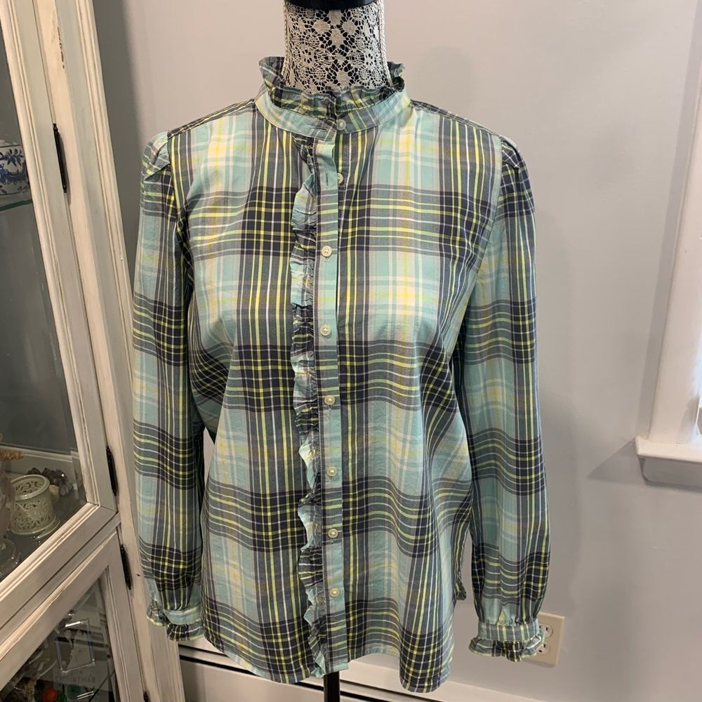LOFT Plaid Ruffle Blouse - Blue and Green